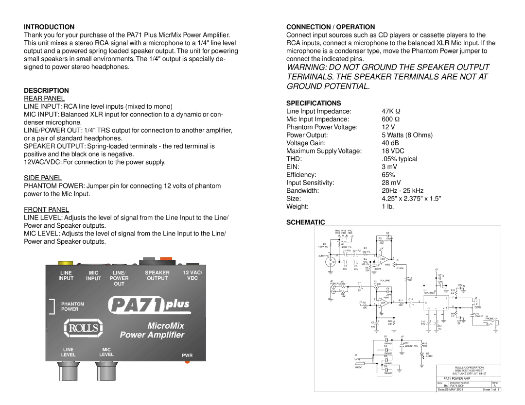 Rolls PA71PLUS owner manual Introduction, Description, Connection / Operation, Specifications, Schematic 