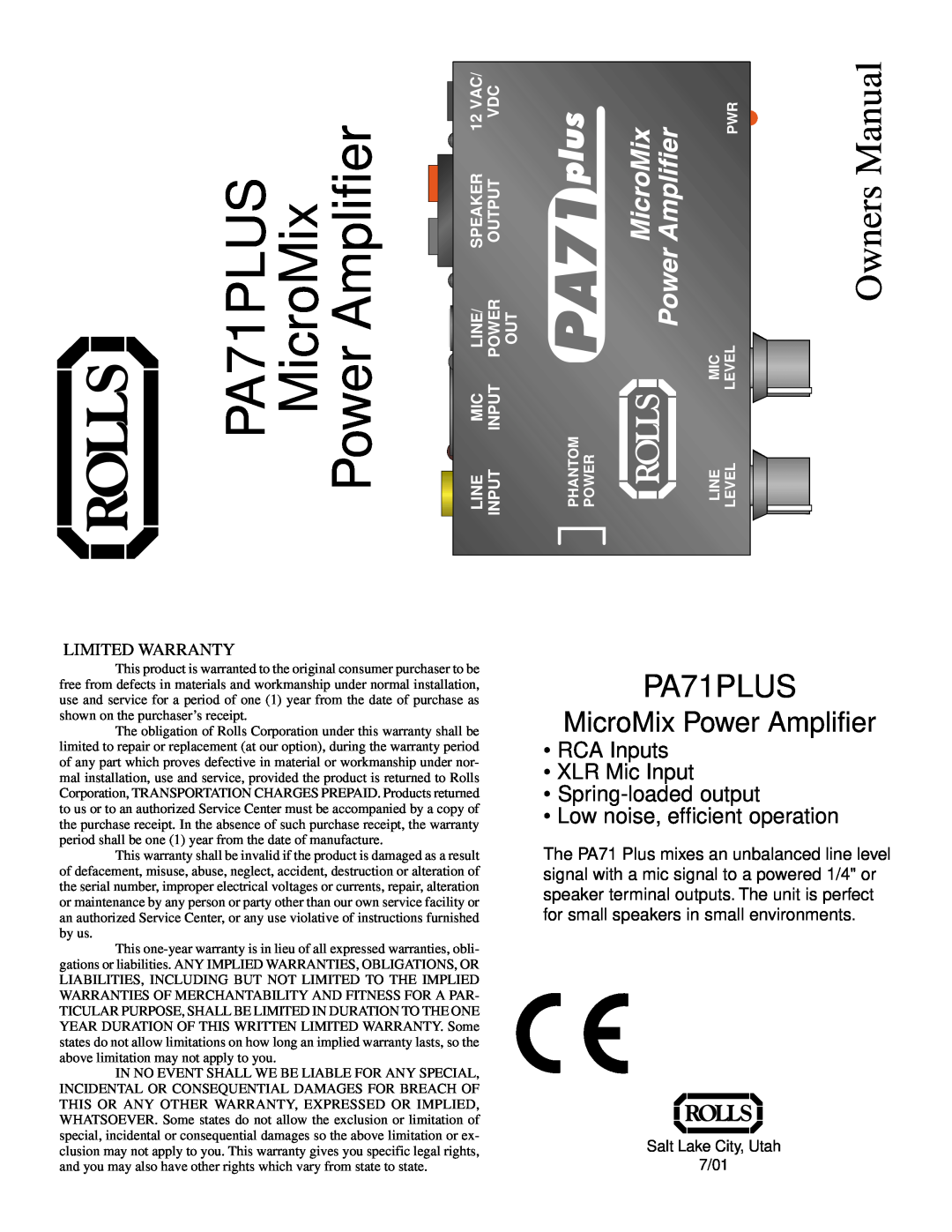 Rolls PA71PLUS owner manual MicroMix Power Amplifier, RCA Inputs XLR Mic Input Spring-loadedoutput, 12 VAC, Output 