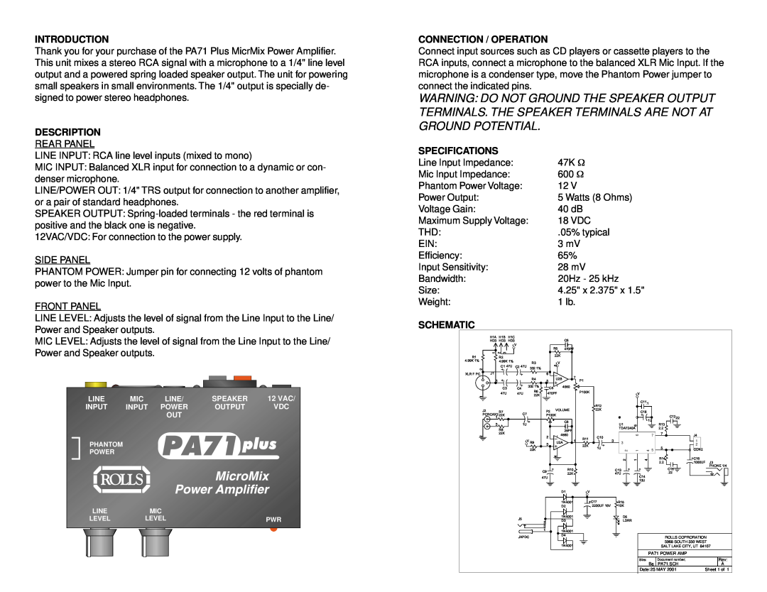 Rolls PA71PLUS owner manual Introduction, Description, Connection / Operation, Specifications, Schematic 
