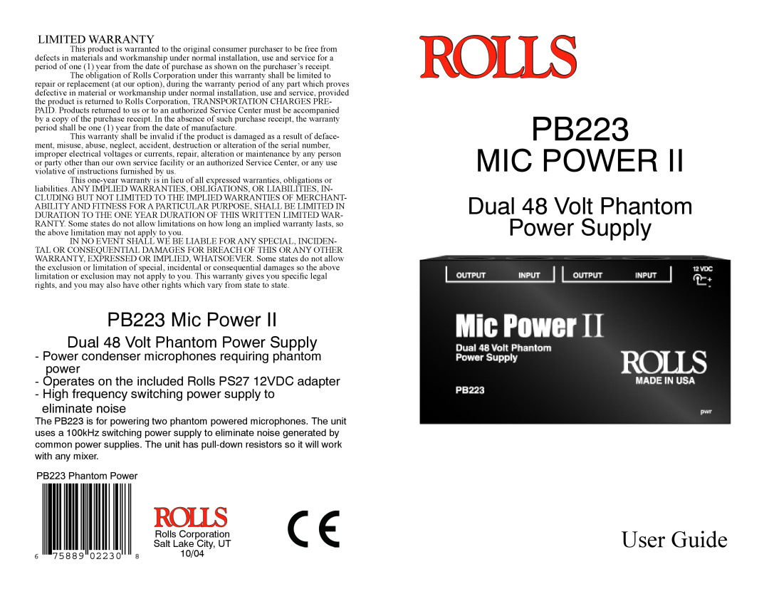 Rolls warranty Dual 48 Volt Phantom Power Supply, User Guide, PB223 Mic Power, Limited Warranty 
