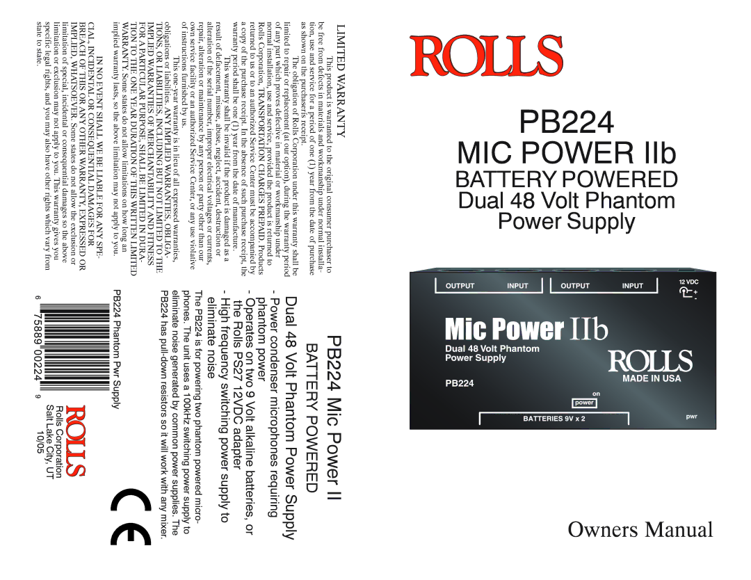 Rolls owner manual PB224 Mic Power, Battery Powered, Dual 48 Volt Phantom Power Supply 