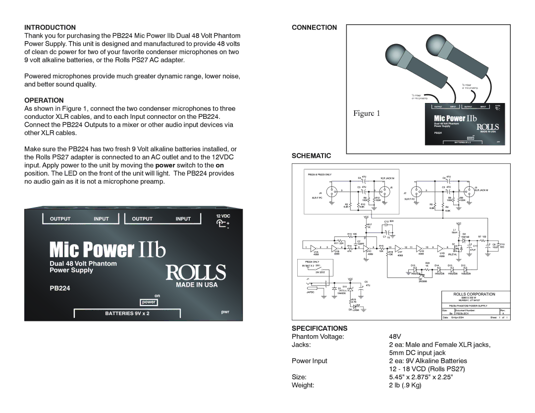 Rolls PB224 owner manual Introduction, Operation, Connection, Schematic, Specifications 