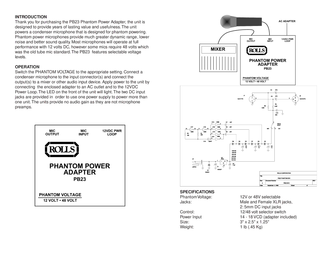 Rolls PB23 owner manual Phantom Power Adapter, Introduction, Operation, Specifications 