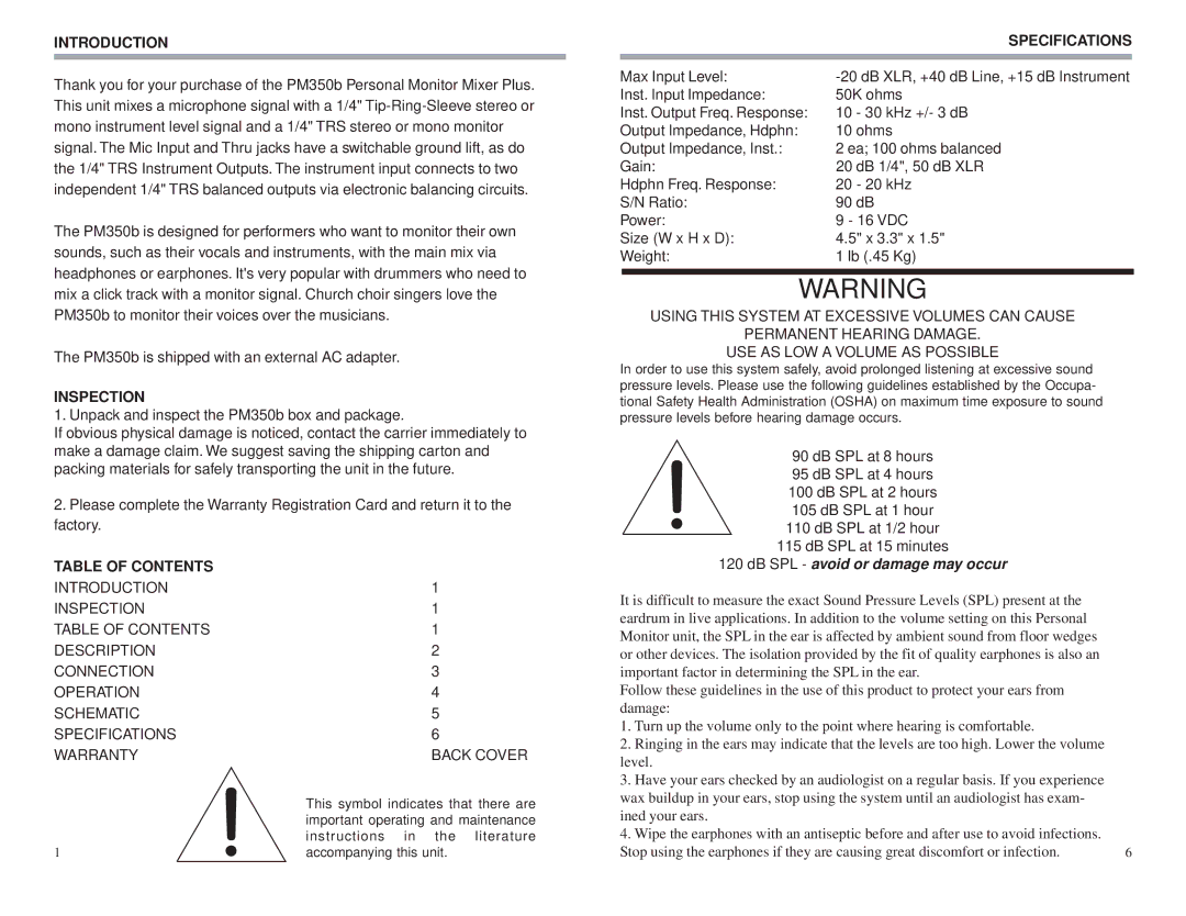 Rolls PM350B owner manual Introduction, Inspection, Table of Contents, Specifications 