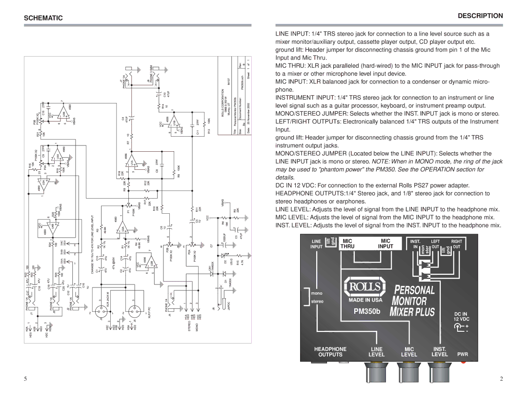 Rolls PM350B owner manual Schematic, Description 