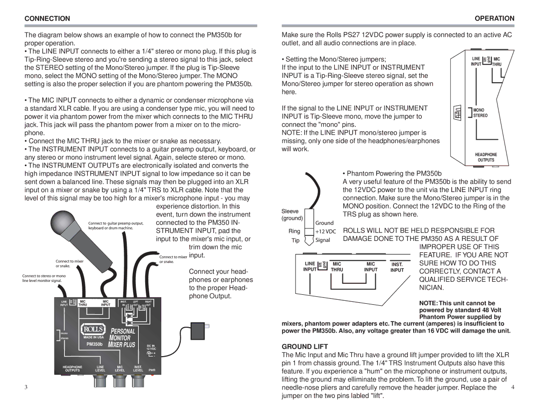 Rolls PM350B owner manual Connection, Operation, Ground Lift 