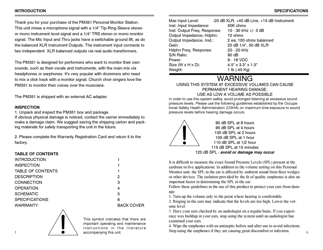 Rolls PM351 owner manual Introduction, Inspection, Table of Contents, Specifications 