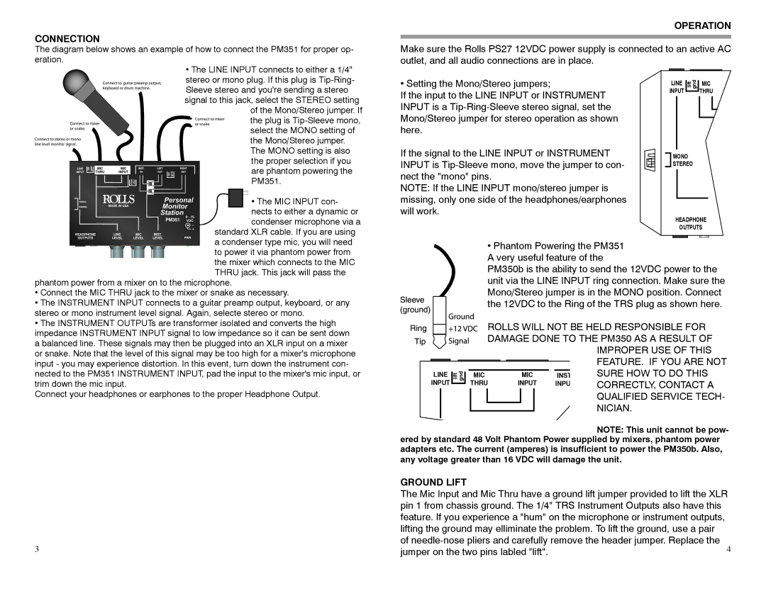 Rolls PM351 owner manual Connection, Operation, Ground Lift 