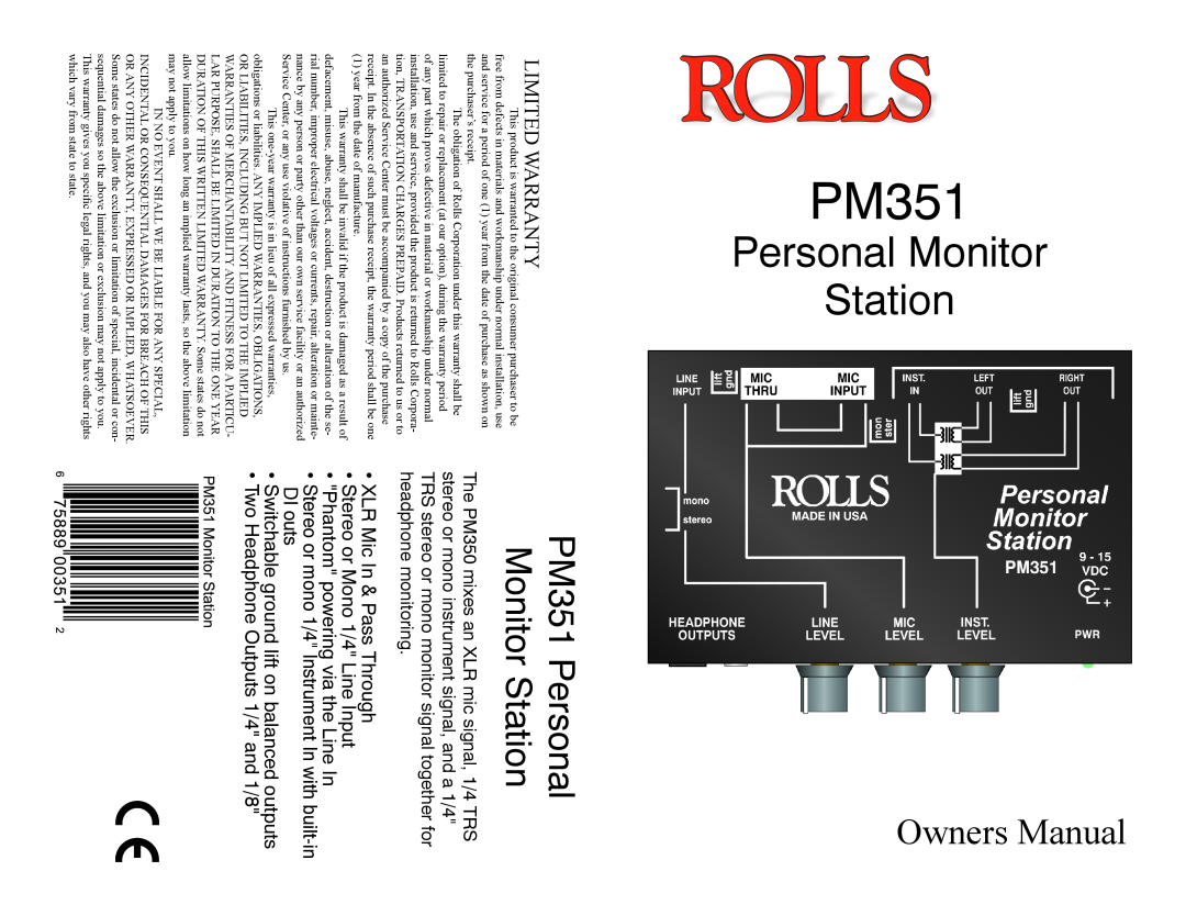 Rolls owner manual Station Personal Monitor, Owners Manual, PM351 Personal Monitor Station, Limited Warranty 