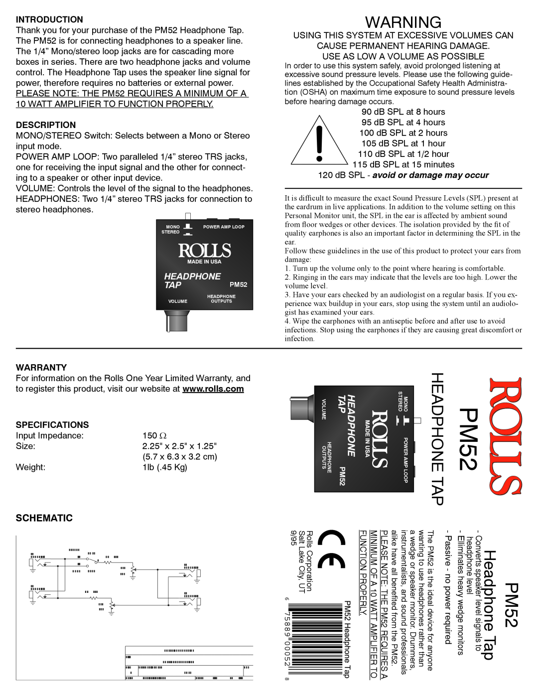 Rolls PM52 warranty Headphone Tap, Schematic, Introduction, Description, dB SPL - avoid or damage may occur, Warranty 