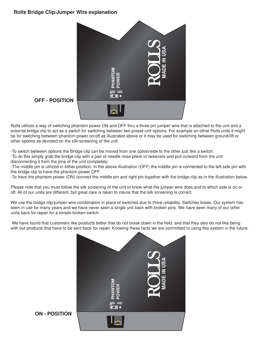 Rolls PM55 specifications OFF Position, On Position 