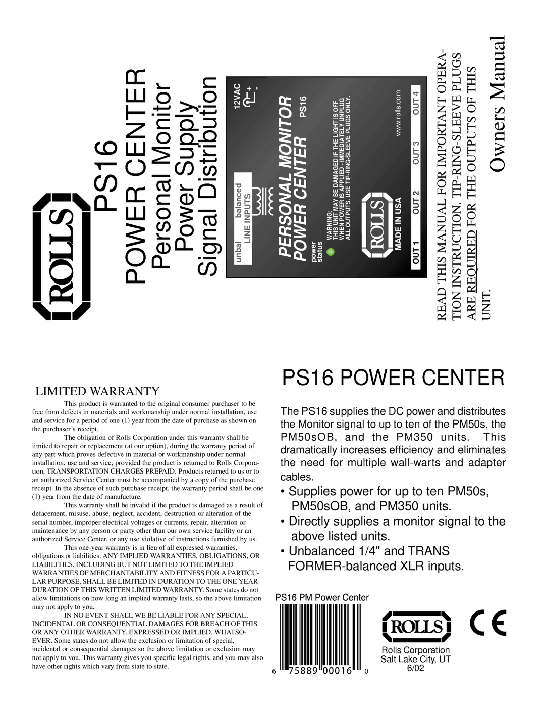 Rolls owner manual PS16 Power Center 