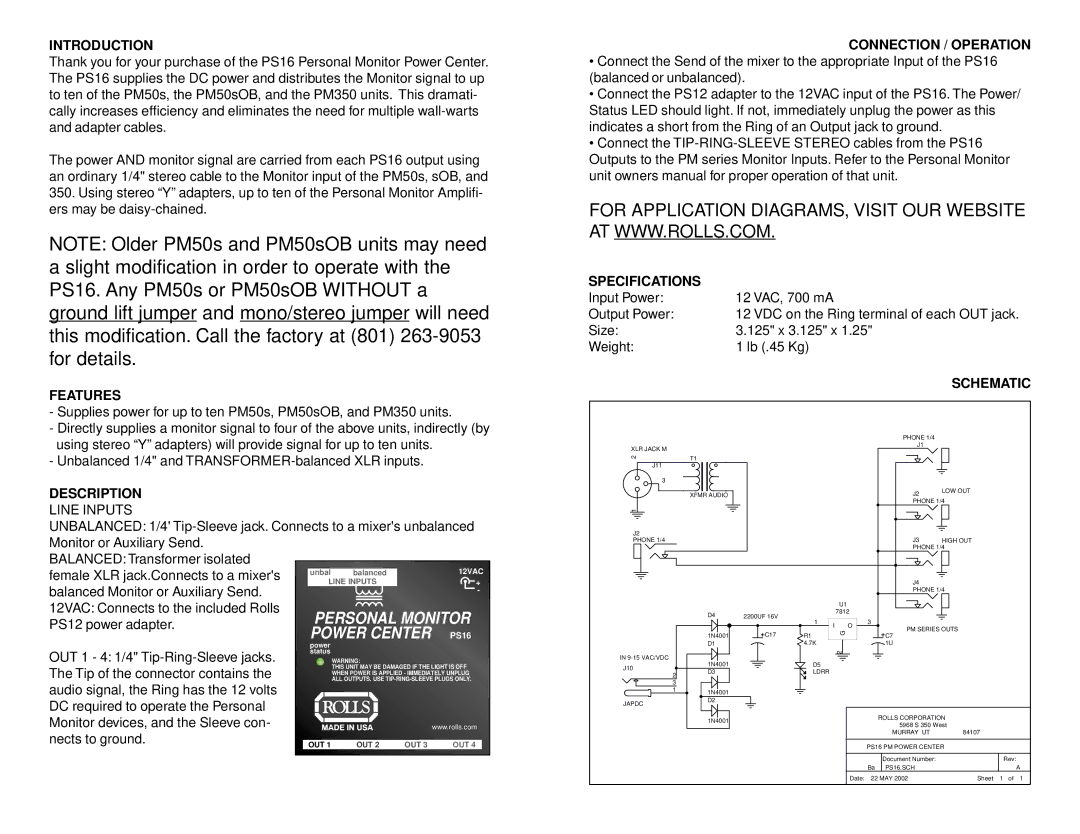 Rolls PS16 owner manual Introduction, Features, Description, Connection / Operation, Specifications 