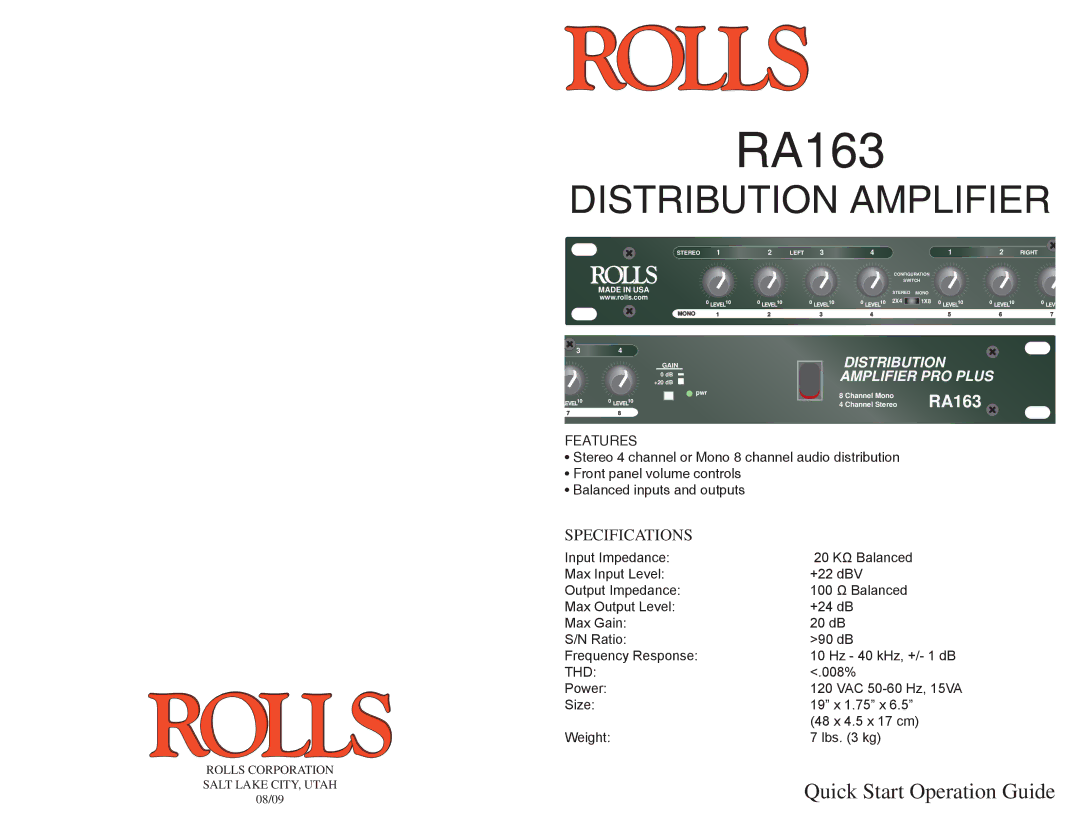 Rolls RA163 specifications Features 