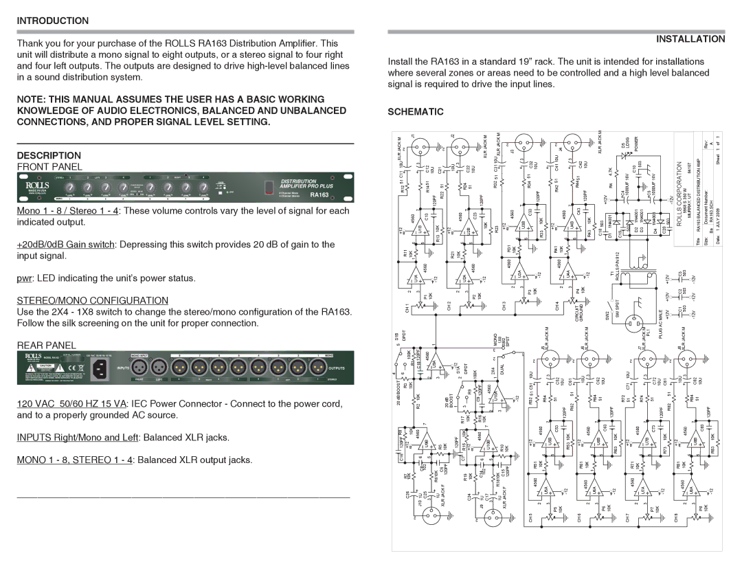 Rolls RA163 specifications Introduction, Description Front Panel, Installation, Schematic 