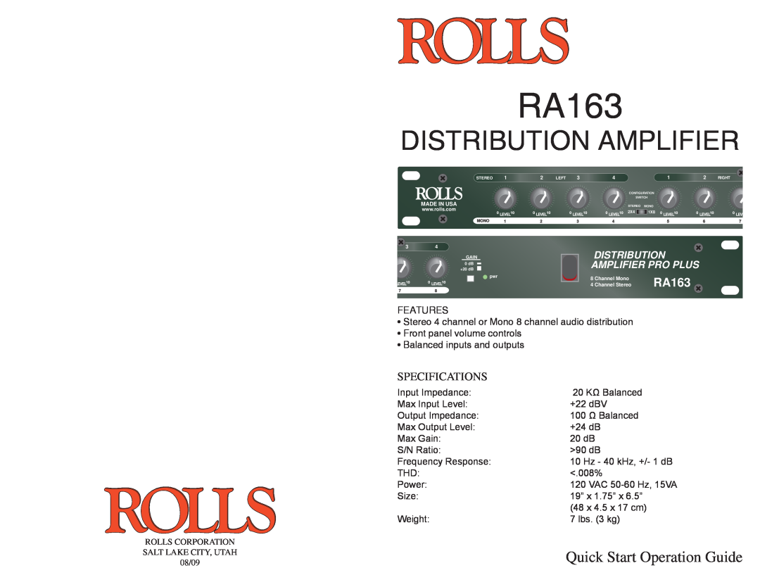 Rolls RA163 specifications Distribution Amplifier, Quick Start Operation Guide, Specifications, Amplifier Pro Plus 