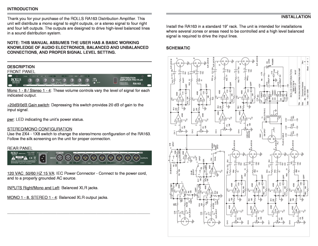 Rolls RA163 specifications Introduction, Description, Front Panel, Installation, Schematic 