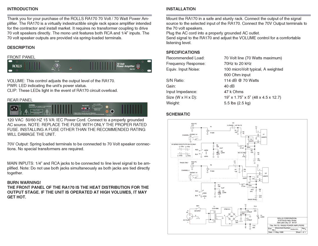 Rolls RA170 quick start Introduction, Description, Rear Panel, Specifications, Schematic 