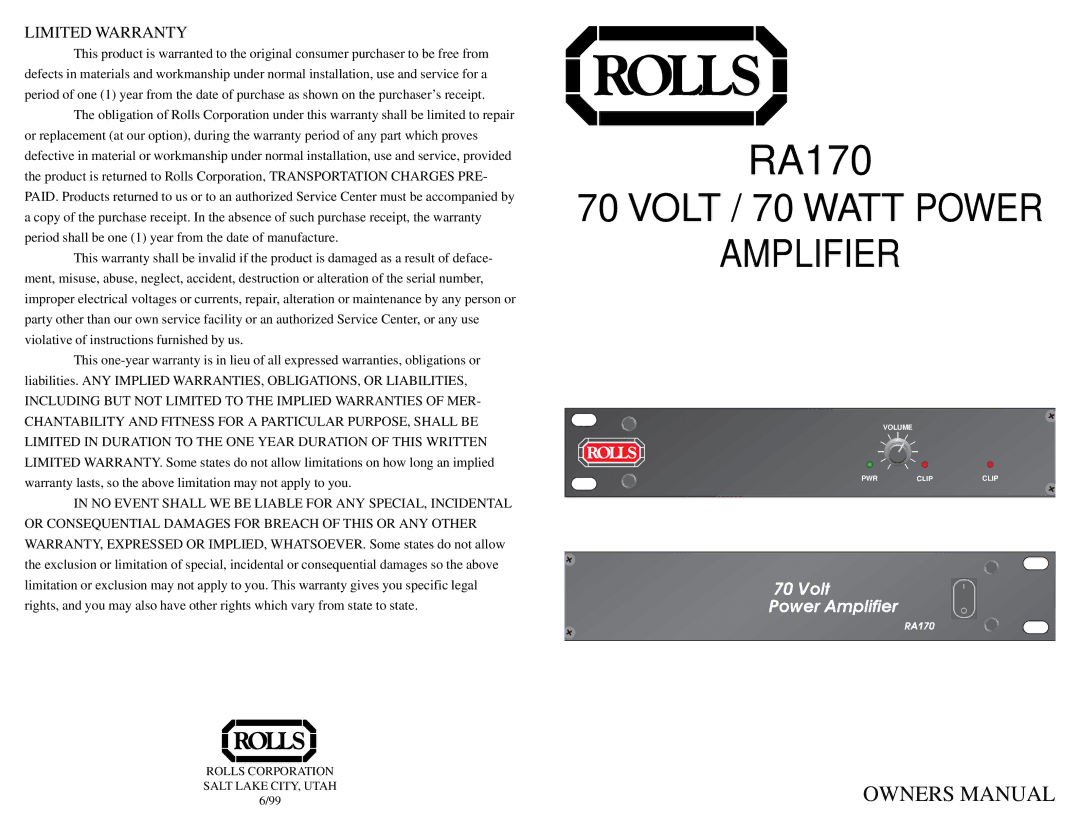 Rolls RA170 owner manual 