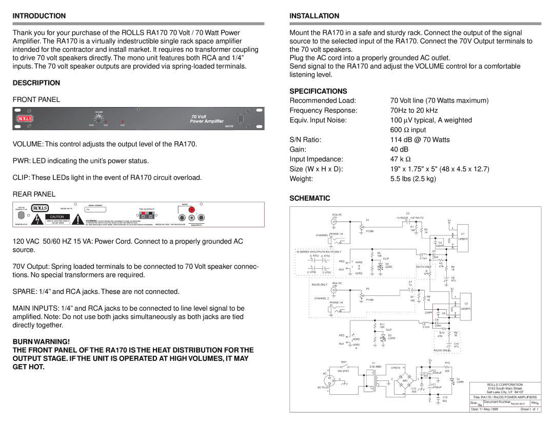 Rolls RA170 owner manual Introduction, Description, Specifications, Schematic 