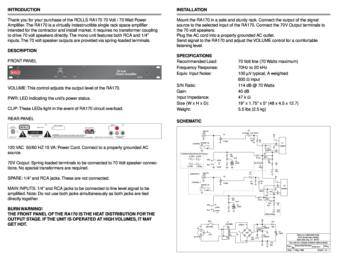 Rolls RA170 owner manual Introduction, Description, Burn Warning, Installation, Specifications, Schematic 