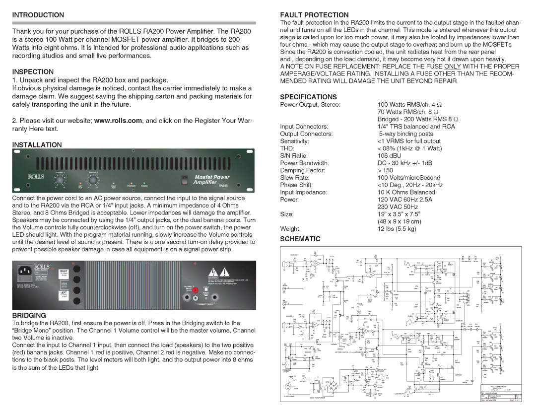 Rolls RA200 quick start Introduction, Inspection, Installation, Bridging, Fault Protection, Specifications, Schematic 