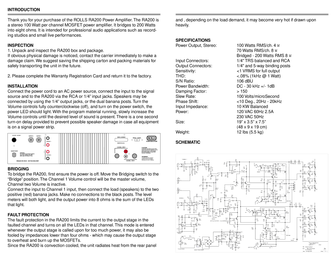 Rolls RA200 owner manual Introduction, Inspection, Installation, Specifications, Bridging, Fault Protection 