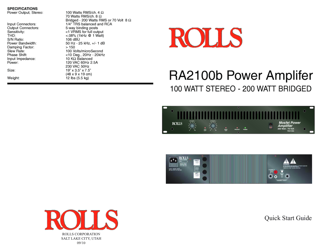 Rolls quick start RA2100b Power Amplifer 