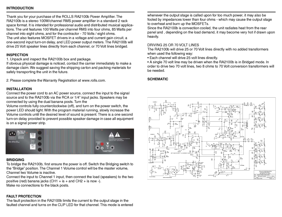 Rolls RA2100b quick start Introduction, Inspection, Installation, Schematic, Bridging, Fault Protection 