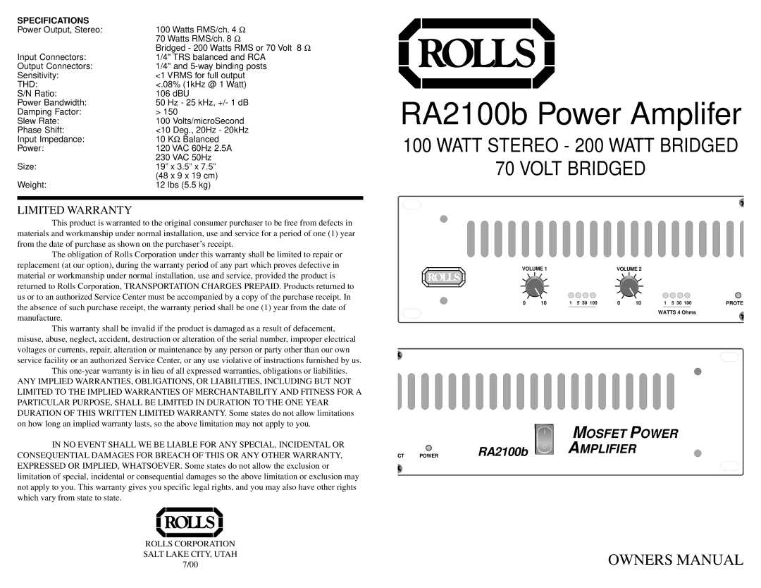 Rolls quick start RA2100b Power Amplifer 