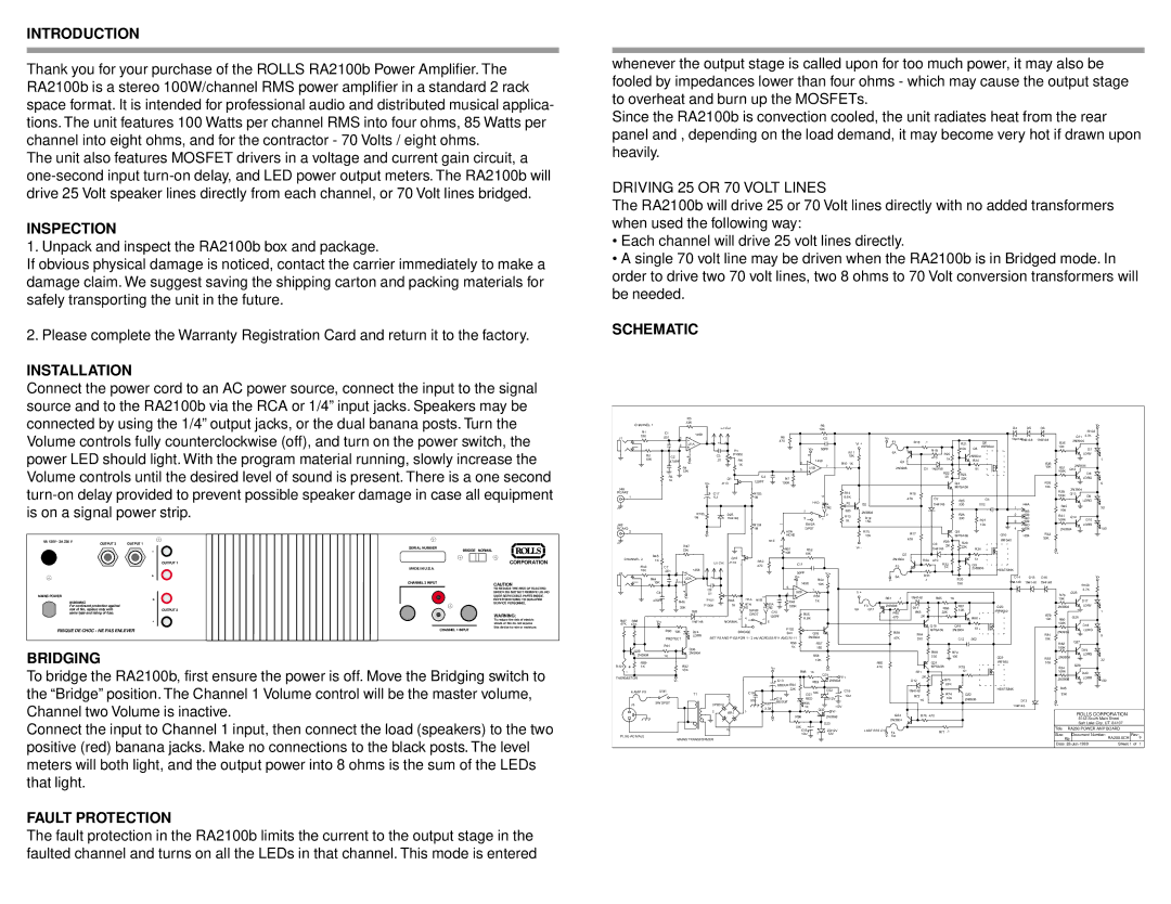 Rolls RA2100b owner manual Introduction, Inspection, Installation, Schematic, Bridging, Fault Protection 