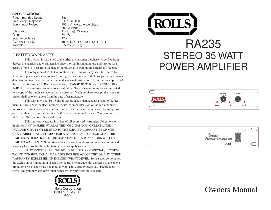 Rolls RA235 owner manual Stereo 35 Watt, Power Amplifier, Specifications 