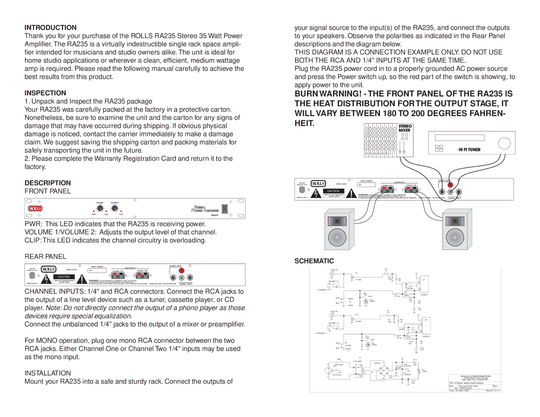 Rolls RA235 owner manual Introduction, Inspection, Description, Rear Panel, Schematic 