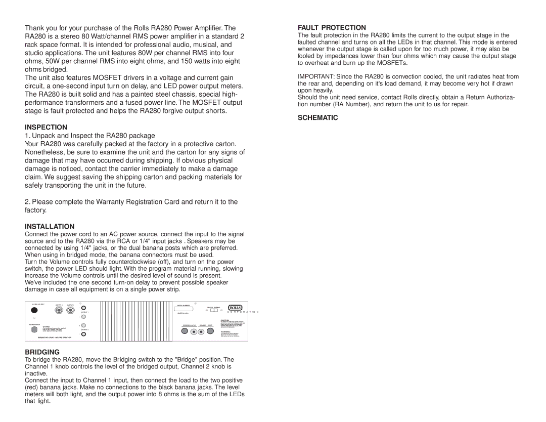 Rolls RA280 owner manual Inspection, Installation, Bridging, Fault Protection, Schematic 