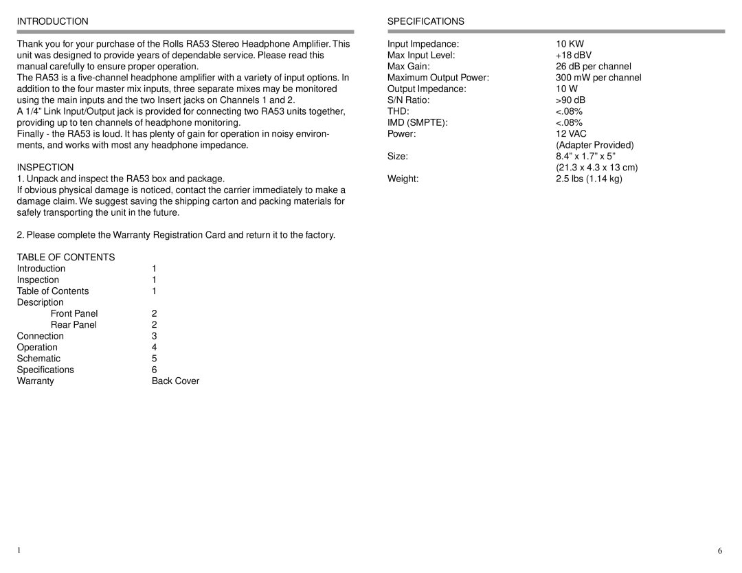 Rolls RA53 owner manual Introduction Specifications, Inspection, Table of Contents 