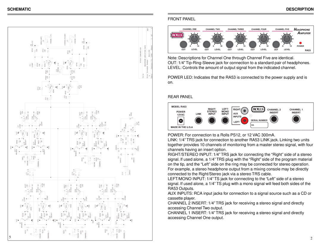 Rolls RA53 owner manual Schematic, Description, Front Panel, Rear Panel 