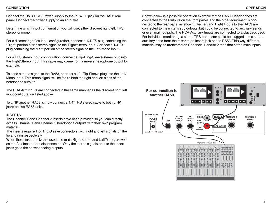 Rolls RA53 owner manual Connection, Inserts, Operation 