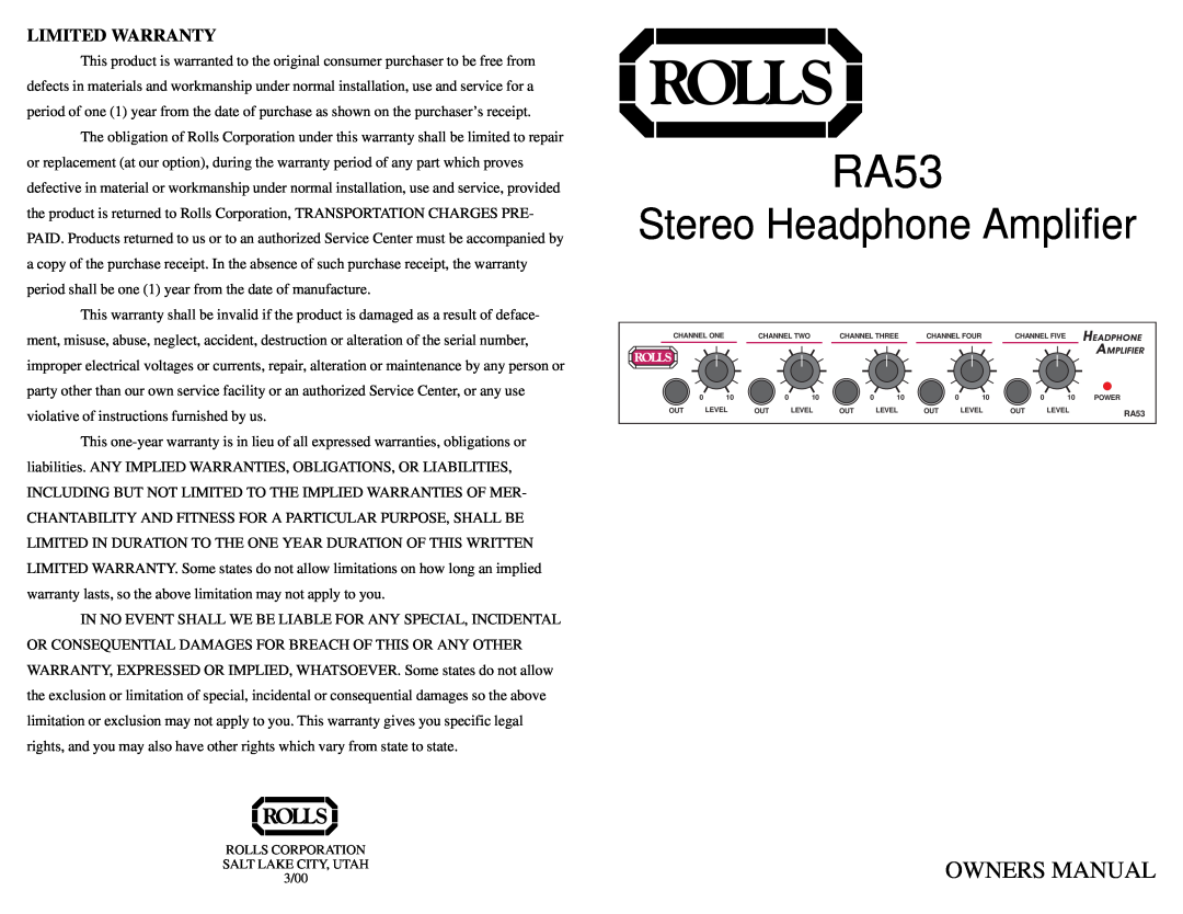 Rolls RA53 owner manual Stereo Headphone Amplifier, Limited Warranty 