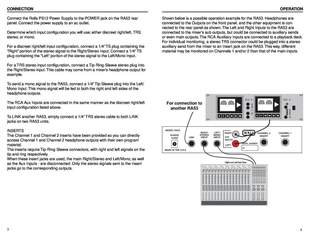 Rolls owner manual Connection, Operation, For connection to another RA53 
