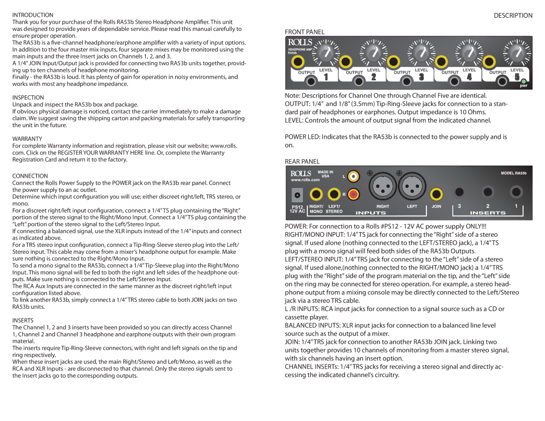 Rolls RA53b quick start Description Front Panel, Rear Panel 