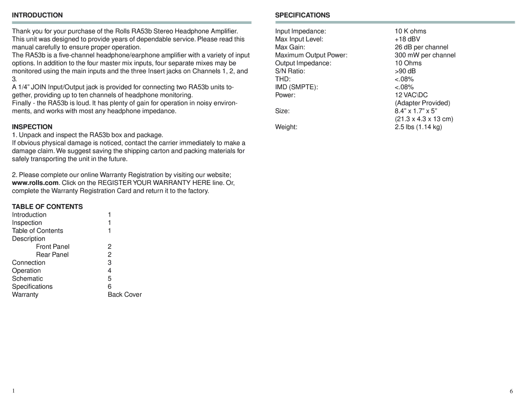 Rolls RA53b owner manual Introduction Specifications, Inspection, Table of Contents 