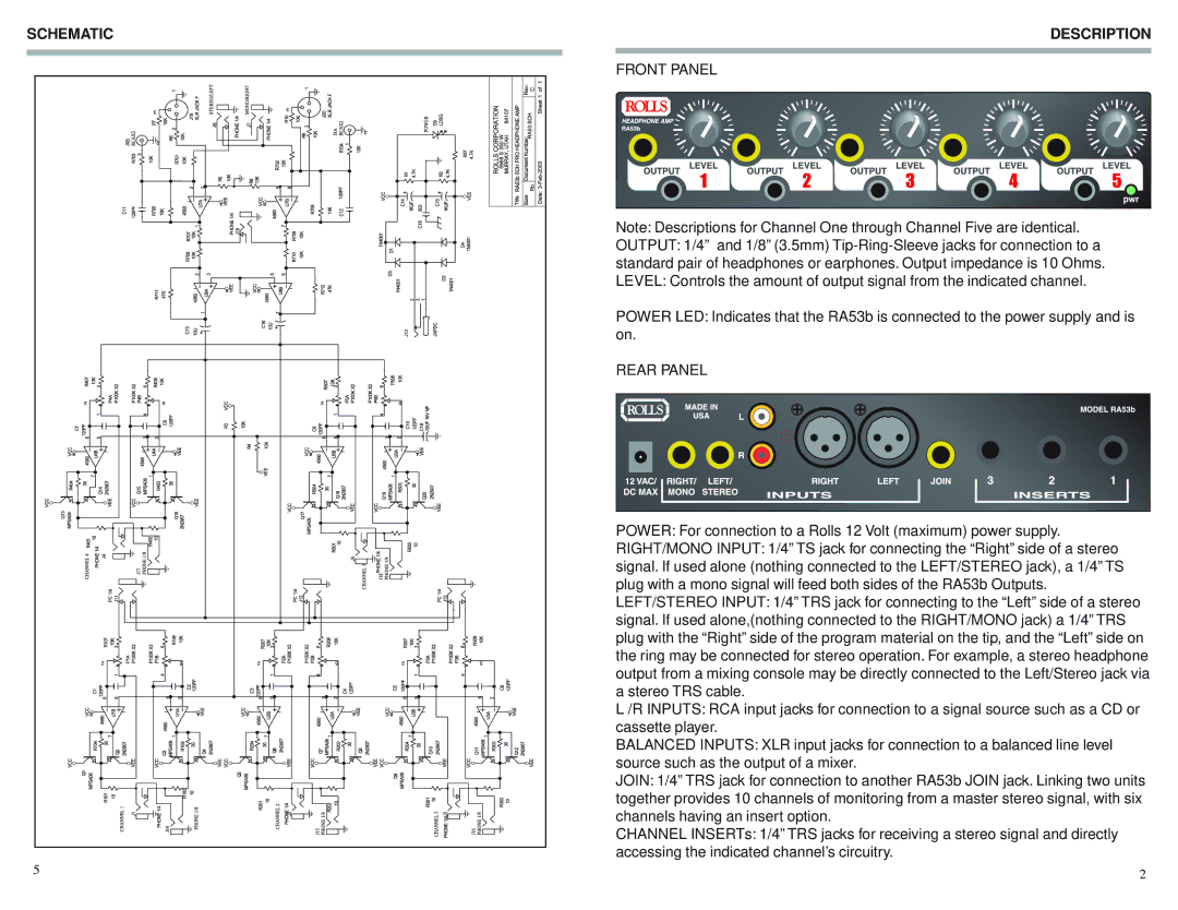 Rolls RA53b owner manual Schematic, Description, Front Panel, Rear Panel 