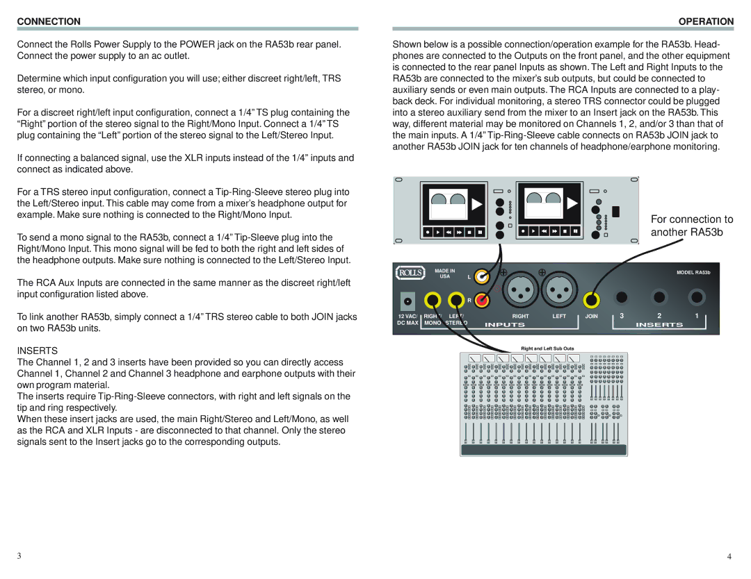 Rolls RA53b owner manual Connection, Inserts, Operation 