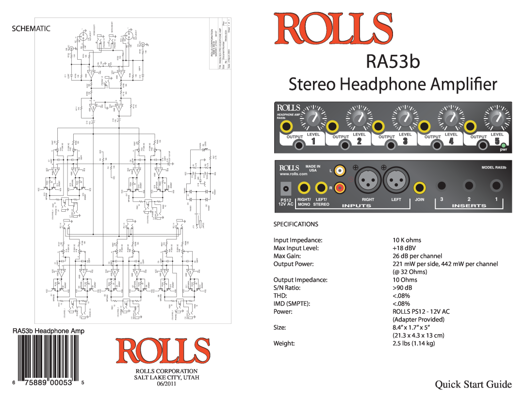 Rolls RA53b quick start Headphone Amplifier, Quick Start Guide 