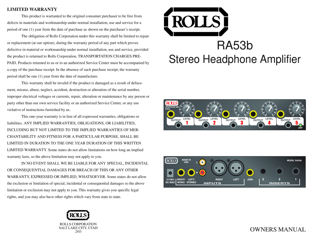 Rolls RA53b owner manual Stereo Headphone Amplifier, Limited Warranty 