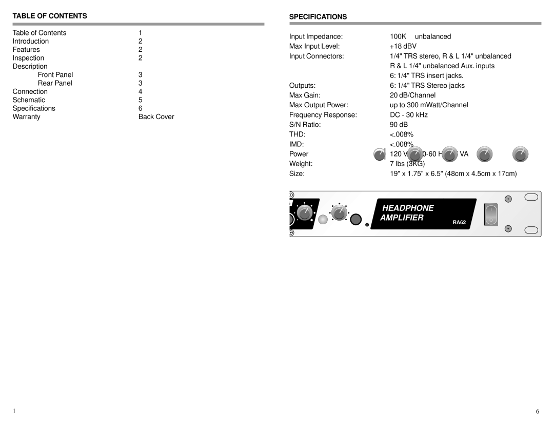 Rolls RA62 owner manual Table of Contents Specifications 