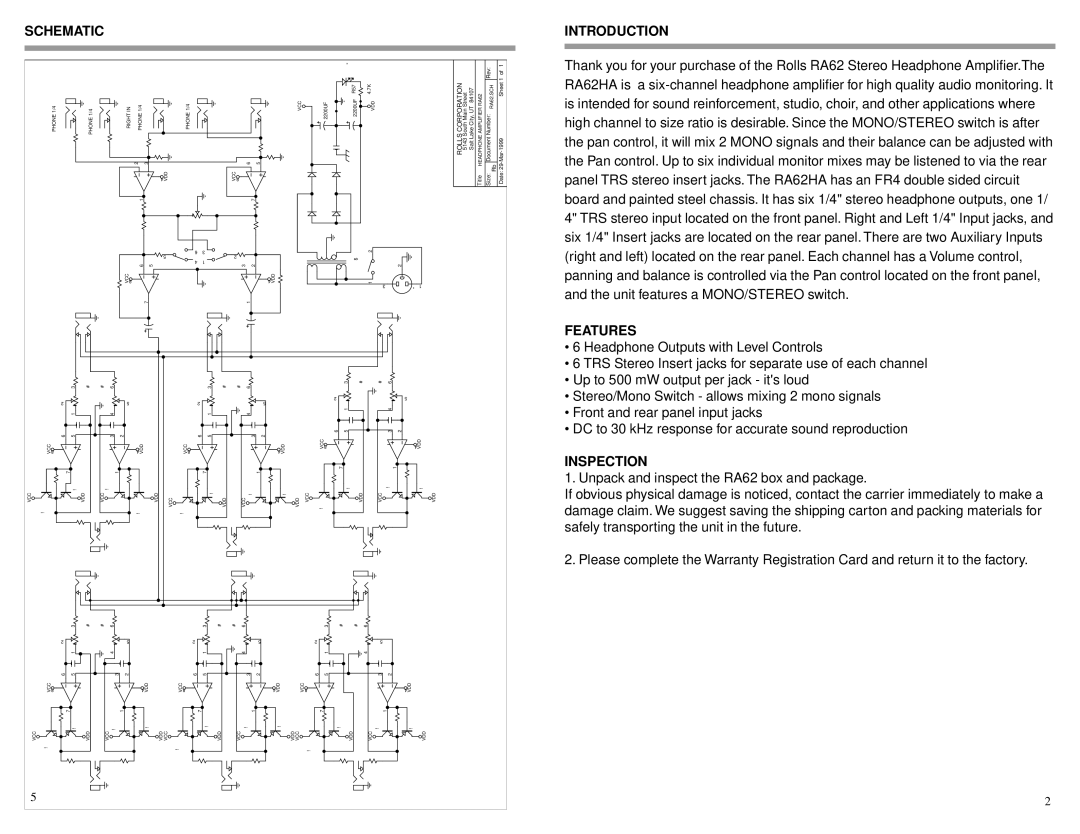 Rolls RA62 owner manual Schematic, Introduction, Features, Inspection 