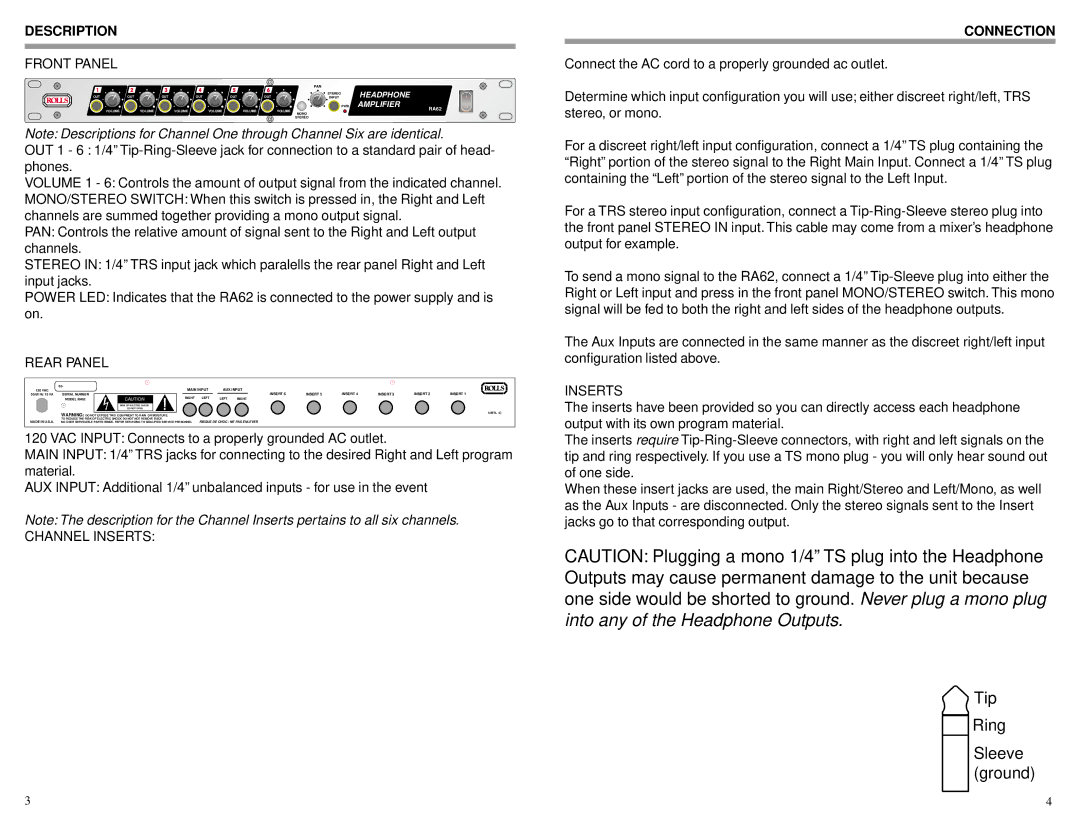 Rolls RA62 owner manual Description, Connection 