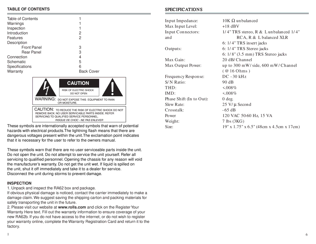 Rolls RA62b owner manual Table of Contents, Inspection 