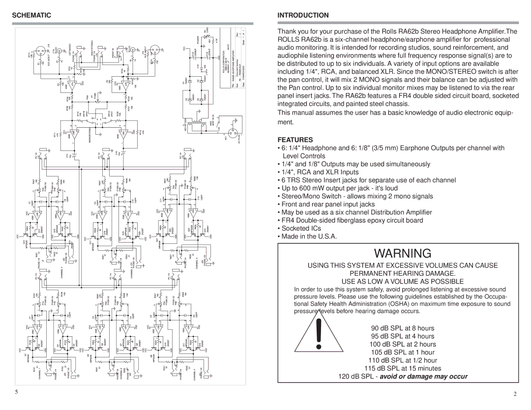 Rolls RA62b owner manual Schematic, Introduction, Features 